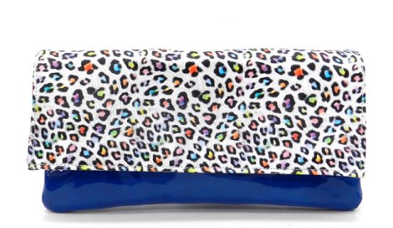 Leopard Printed Blue Patent Leather Clutch